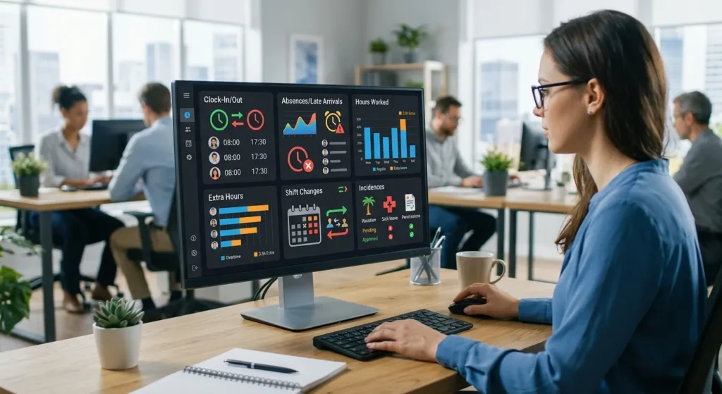 Control de asistencia para empresas mediante plataforma digital que registra horarios, entradas, salidas e incidencias laborales de colaboradores en tiempo real.